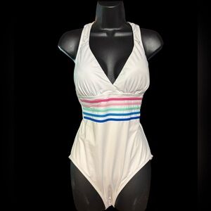 La Blanca White One Piece Swimsuit with Pink and Blue Stripes